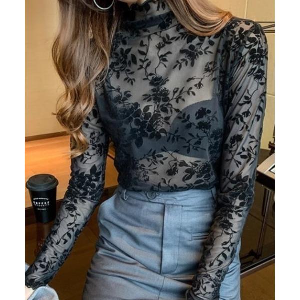「レディース商品」シアーハイネック フロッキープリント花柄トップス レディース