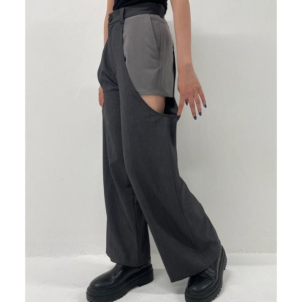 スラックス パンツ トライアングル ホール パンツ カットアウト レイヤード スラックス ストレート...