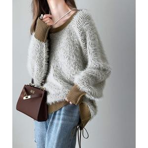 ニット セーター 甘すぎないフェミニン感。サイドリボン使いフェザーヤーンシャギー配色ニット レディース｜ZOZOTOWN Yahoo!店