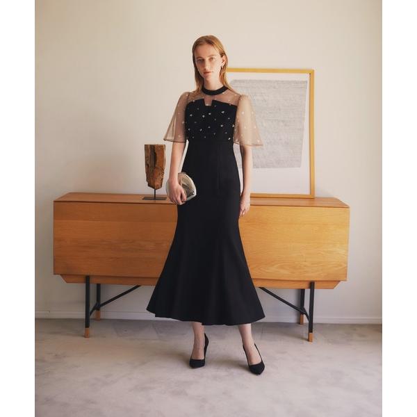 ドレス 「LEJA」花柄ストーンスパンコールチュールオーバーラップマーメイドワンピースドレス美脚効果...