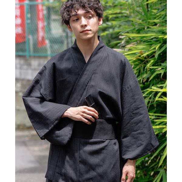 浴衣 縞しじら織り浴衣/4点セット「浴衣＋帯＋下駄＋扇子」 メンズ