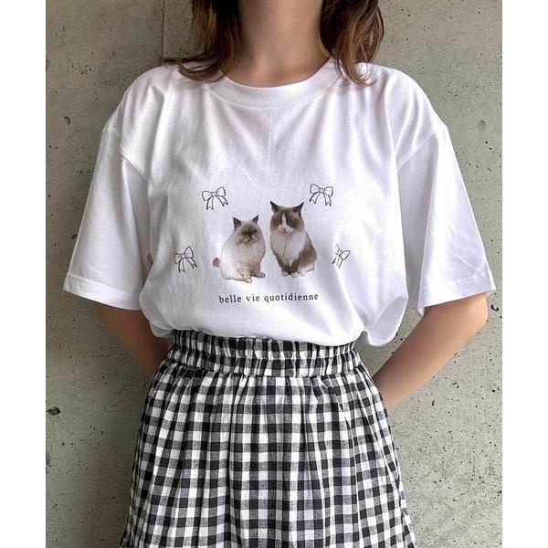 tシャツ ねこribbonプリント半袖Tシャツ レディース