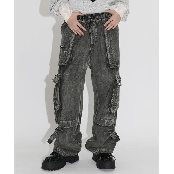ワイドパンツ ジーンズ ケミカルオーバーダイ/ウォッシュ加工スターチャームワイドZIPカーゴデニムパ...
