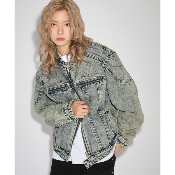 デニムジャケット gジャン ケミカルオーバーダイ/ウォッシュ加工バイカーショートジャケット メンズ ...
