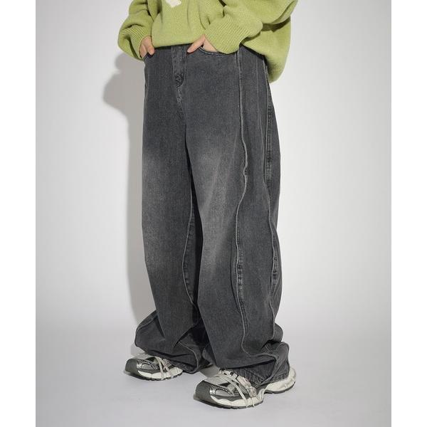 ジーンズ オーバーダイ/ウォッシュ加工オーバーサイズウェーブシルエットワイドストレートバギーデニムパ...