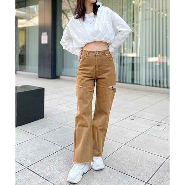 ジーンズ デニム デニムパンツ 「サイドカット×カラーデニム」レディース ダメージ デニムパンツ ス...