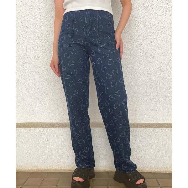ジーンズ デニム デニムパンツ 「総柄ハート×美脚シルエット」レディース デニムパンツ ストレート ...
