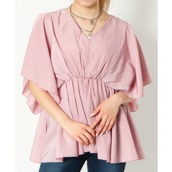 tシャツ 「ウエストギャザー×フレア袖」レディース Vネックプルオーバー 体型カバー 春夏秋 レディ...