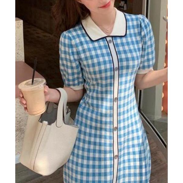 ワンピース ギンガムチェック　ポロネックワンピース