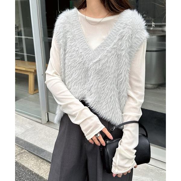 ベスト ジレ 「新色追加」起毛フェザーVネックニットベスト レディース