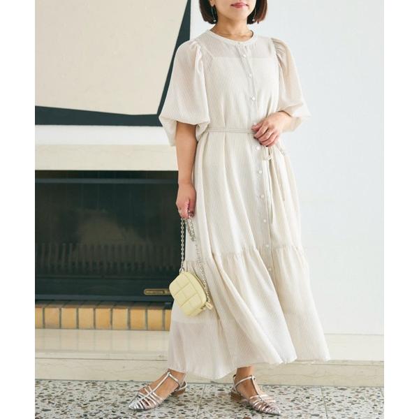 ワンピース シアーストライプギャザースリーブワンピース「低身長・小柄女性」