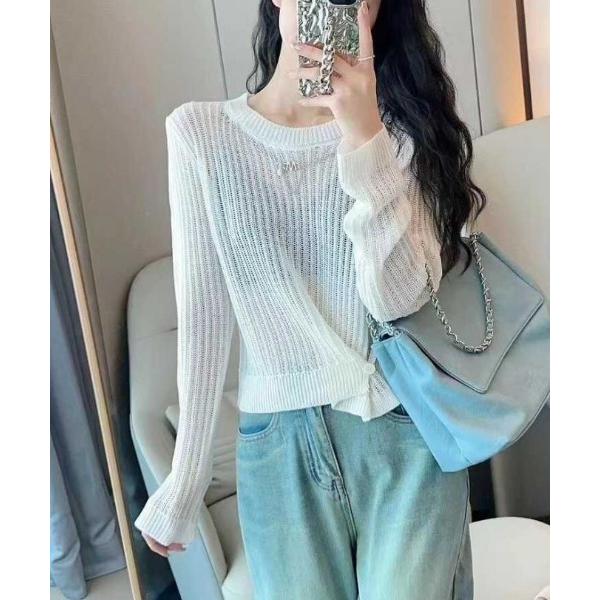 ニット セーター 透かし編み裾デザインアクセ付き長袖トップス レディース