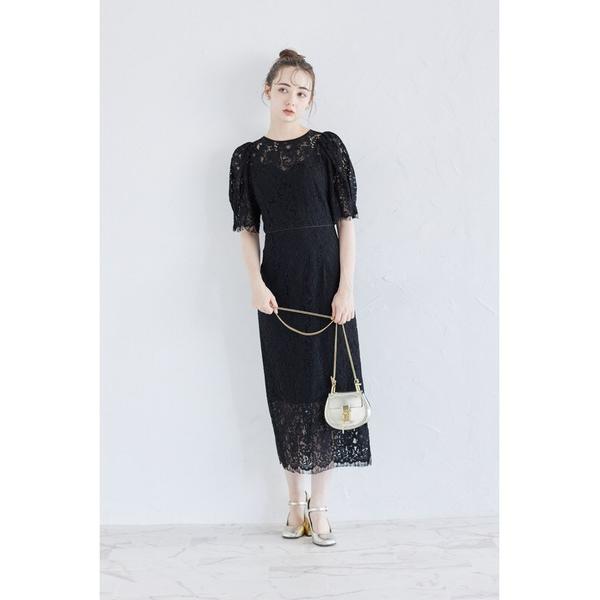 ワンピース 後ろリボン付きパフスリーブレースタイトワンピース