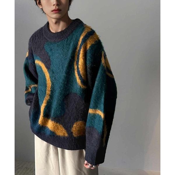 セーター ニット 1枚で映える主役級。ウェーブ柄ダブルジャガードシャギーニット オーバーサイズ プル...