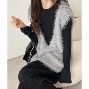 ワンピース リブニットワンピース×シャギーベストセット