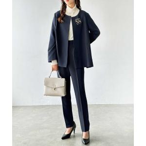 スラックス パンツ 「洗える！」ノーカラーフレアーラインジャケットセットアップ レディース