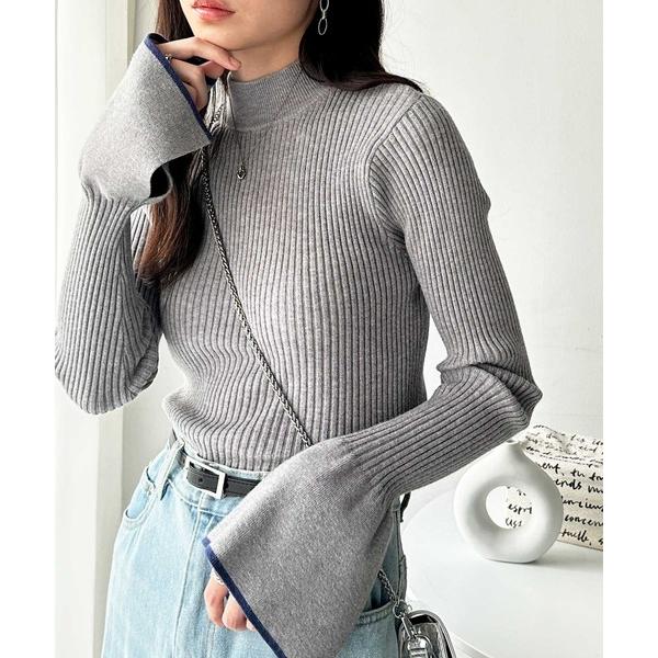 ニット セーター 春 にぴったり。配色ラインフレアーリブカラー＆ボーダーニット レディース