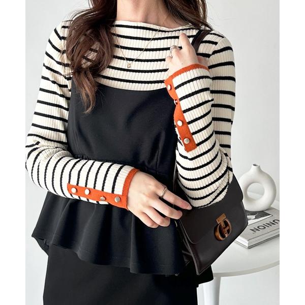 ニット セーター 秋にぴったり！袖口ボタン配色ボートネックリブカラー＆ボーダーニット レディース