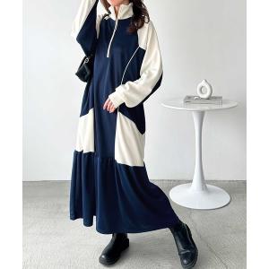 せとはるコラボ　フレア　ワンピース　長袖モックネック　秋冬 LOWO ワンピース モックネック フレア ニットワンピース ロング丈 冬