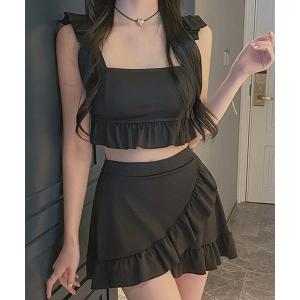 水着 レースアップフリル 水着　上下２点セット レディース