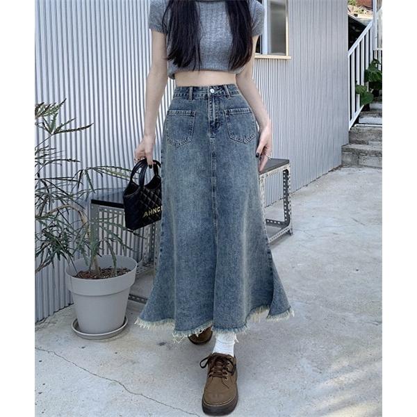 デニムスカート 裾フリンジ　マーメイドデニムスカート