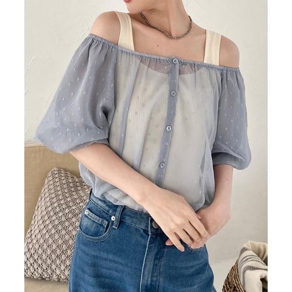 ブラウス シャツ シアードット柄オフショルブラウス レディース