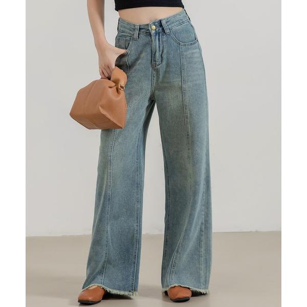 ジーンズ デニム デニムパンツ レディース ヴィンテージライクセンターラインフリンジデニムパンツ レ...