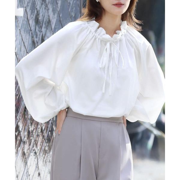 ブラウス シャツ フリルスタンドカラーボリュームスリーブブラウス オフィス ビジネス フォーマル セ...