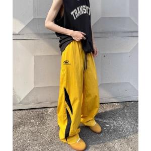 ワイドパンツ パンツ 「NOWLE」ワンポイント刺繍 サイドライン ワイド ナイロンパンツ メンズ レディース