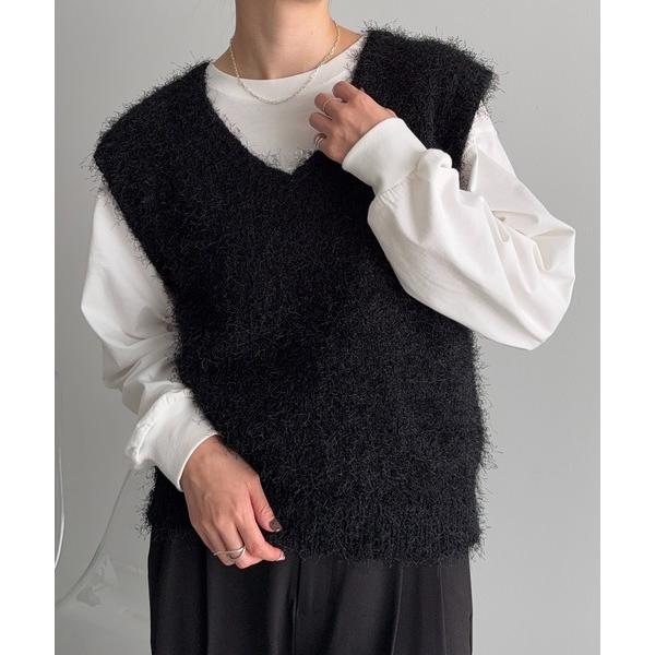 ベスト ジレ Vネックフェザーニットベスト レディース