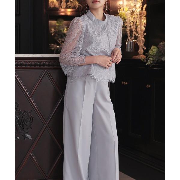 パンツドレス レーススカラップブラウス+ワイドパンツセットアップドレス「大きいサイズ有」