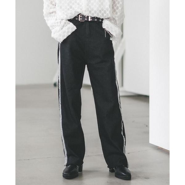 ジーンズ サイドジップフリンジデザインストレートデニムパンツ メンズ レディース