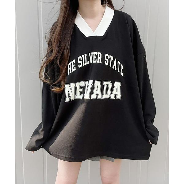 tシャツ Ｖネックロゴトップス レディース