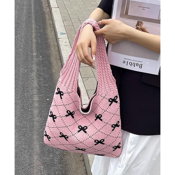 トートバッグ リボン柄 ニットバッグ レディース