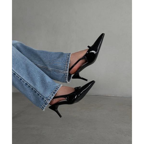 パンプス リボンエナメルミュールパンプス