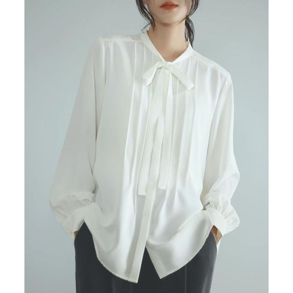 ブラウス シャツ バイカラーリボンピンタックボウタイブラウス オフィス ビジネス フォーマル セレモ...
