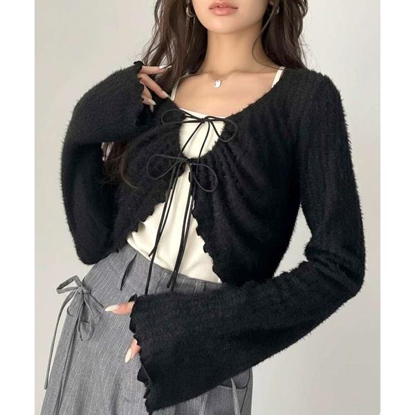 カーディガン 「mily bilet」高見えロゴプレートがキラリ。前後2WAYリボンデザインニットカ...