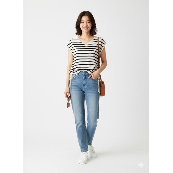 ニット セーター 大人のカジュアル Day and Grade ボーダー柄 サイドギャザー Vネック...