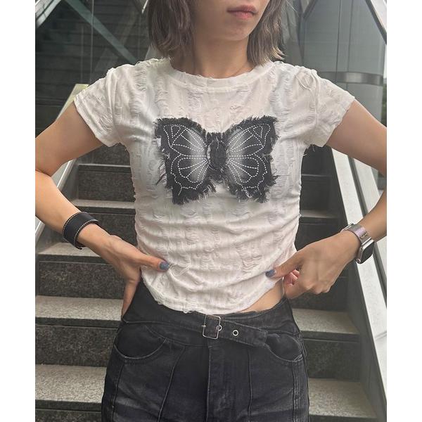 tシャツ 半袖 A'GEM/9 × .kom 「.KOM/ドットケーオーエム」ブロークン蝶クロップT...