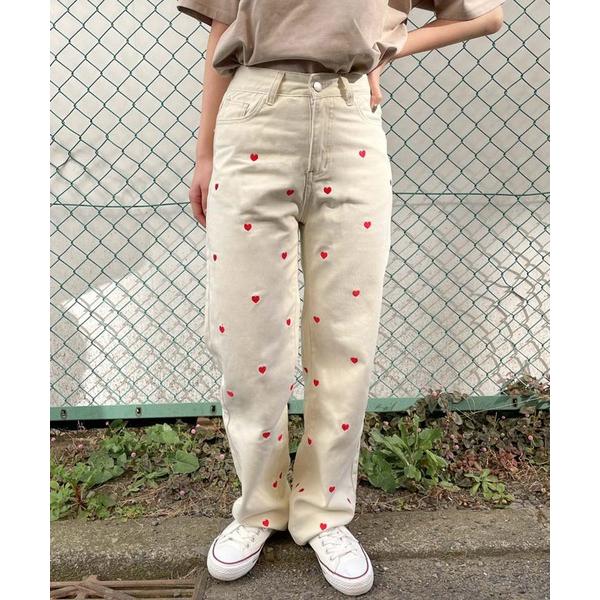 ジーンズ デニム デニムパンツ 「ハート刺繍デニム」レディース ワイドパンツ ルーズシルエット カジ...
