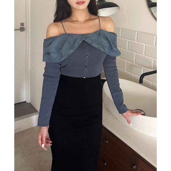 ニット セーター ジャガードフラワードッキングオフショルニットトップス レディース