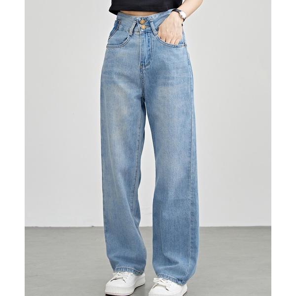 ジーンズ デニム デニムパンツ 配色パッチ付き ハイウエスト ストレート デニム パンツ レディース