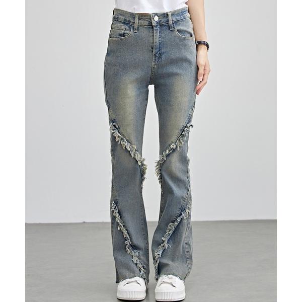 ジーンズ デニム デニムパンツ ハイウエスト フリンジ フレア スリム デニム パンツ レディース