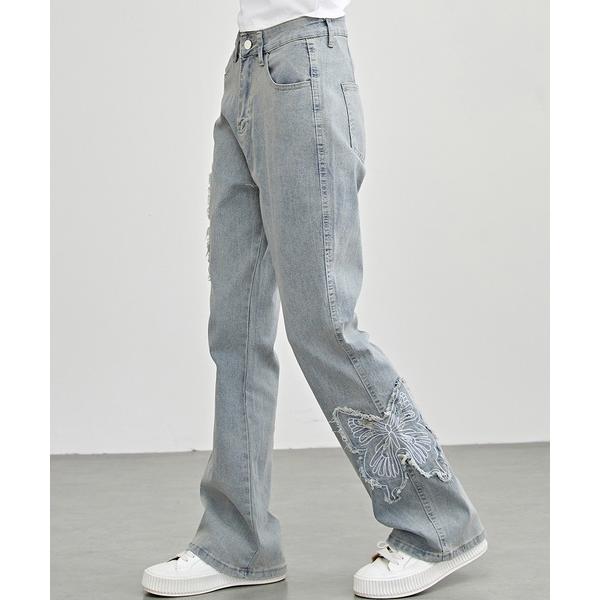 ジーンズ デニム デニムパンツ ハイウエスト バタフライ刺繍 フレア デニム パンツ レディース