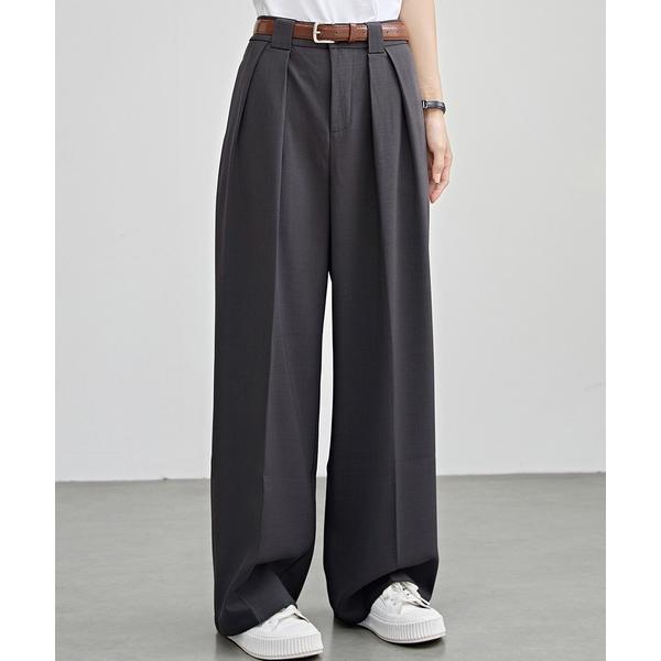 スラックス パンツ ハイウエスト ワイド ストレート タック パンツ レディース