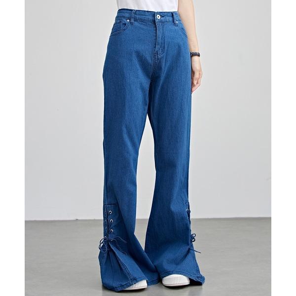 ジーンズ デニム デニムパンツ ハイウエスト サイド リボン フレア デニム パンツ レディース