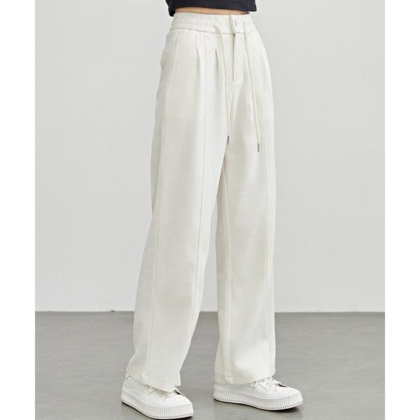 スラックス パンツ センターライン サイドゴム ハイウエスト イージー ワイドパンツ レディース