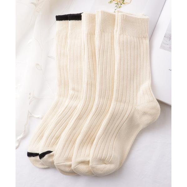 靴下 「5足セット」 配色 ライン リブ クルー ソックス レディース