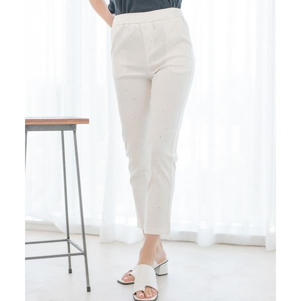 パンツ スリット入りラインストーン付きストレートパンツ レディース
