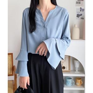 ブラウス シャツ ダブルフレアスリーブキーネックシャツブラウス レディース